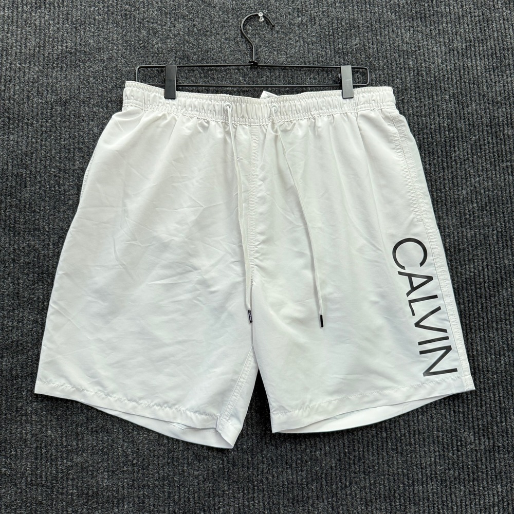 Calvin Klein Logo Swim Trunks Mens L Large White Mesh Lined Drawstring Shorts